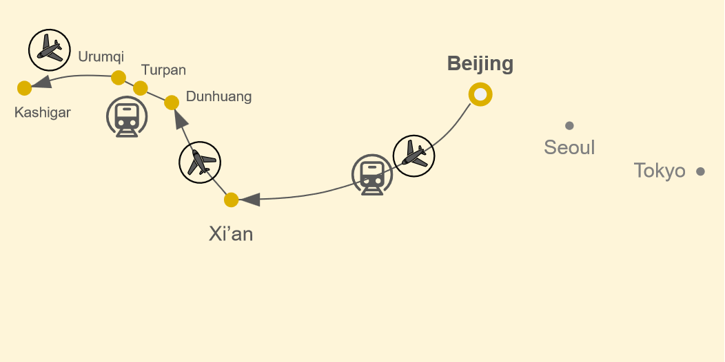 13 Days Legendary Silk Road Tour|Beijing-Xi'an-Dunhuang-Turpan-Urumqi-Kashgar Map